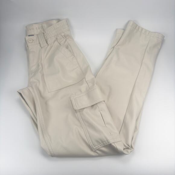 American Eagle Stretch High-Waisted Vegan Leather Straight Cargo Pant Cream 00 - Picture 1 of 10